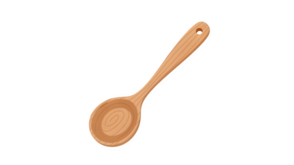 Simple illustration of a light brown wooden cooking spoon with a smooth handle and a round bowl featuring visible wood grain texture and a small hanging hole at the end of the handle.