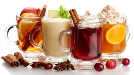 A vivid collection of warm beverages featuring orange, cranberry, and cocoa flavors, highlighted with cinnamon sticks, star anise, and whipped cream. Perfect for cozy family moments and festive winter