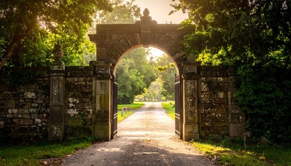 Obraz premium Stone archway entrance to a long, tree-lined driveway at golden hour