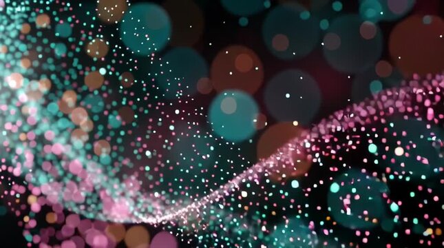 Ultra-detailed quantum wave function visualization merging with molecular structures, glowing particles and energy fields in pink, magenta and teal, dark cosmic background, futuristic scientific video