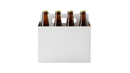 Four brown glass beer bottles with gold caps are securely held within a plain white cardboard carrier against a stark black background emphasizing the product packaging and beverage presentation.