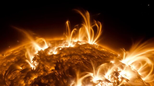Solar Flares and Coronal Loops Erupting on Sun's Surface in Space, Powerful Stellar Activity, 4K