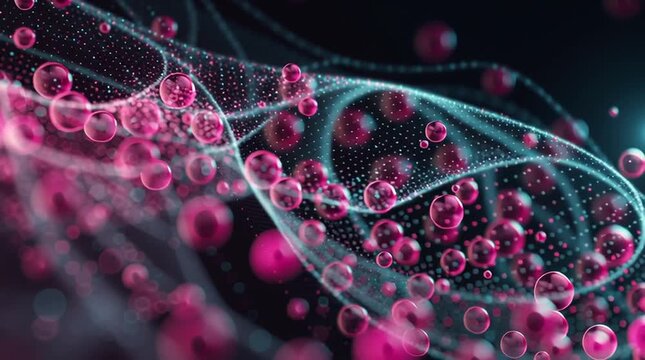 Ultra-detailed quantum wave function visualization merging with molecular structures, glowing particles and energy fields in pink, magenta and teal, dark cosmic background, futuristic scientific video