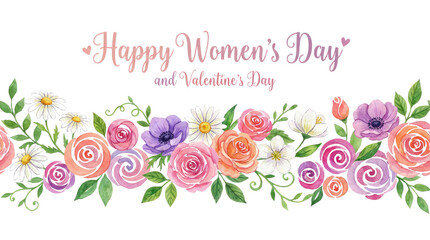 8 march womens day happy womens day text above a floral arrangement of pink orange purple flowers and green leaves png with transparency