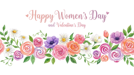 8 march womens day happy womens day text above a floral arrangement of pink orange purple flowers and green leaves png with transparency