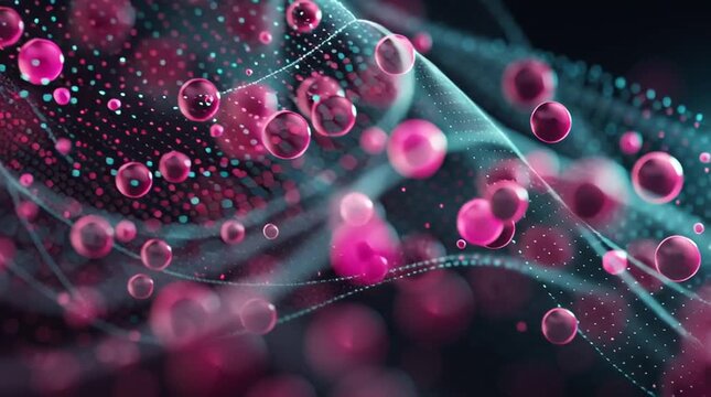 Ultra-detailed quantum wave function visualization merging with molecular structures, glowing particles and energy fields in pink, magenta and teal, dark cosmic background, futuristic scientific video