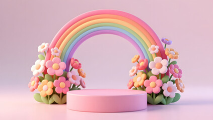 Pink cylindrical podium with a giant rainbow arch display