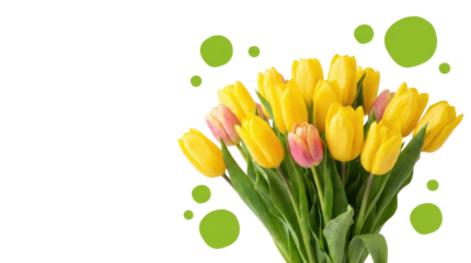 8 march womens day bunch of yellow and pink tulips with green circles floating around the flowers floral arrangement object on white and png