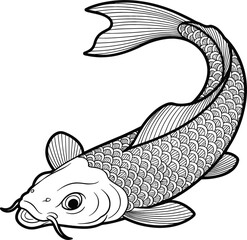 Japanese koi fish vector illustration with intricate scales and flowing fins in a black and white line art style