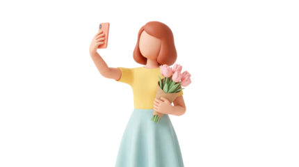 8 march womens day a figure of a woman in a yellow shirt and blue skirt holding flowers with isolated on a neutral background with png background