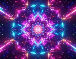 Symmetrical floral design with vibrant neon blue, pink, and purple
