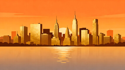 Fototapeta premium Golden city skyline with lake at dusk