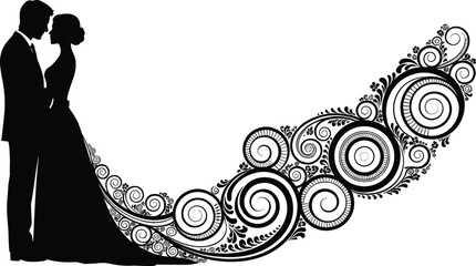 Romantic wedding couple silhouette with bride in long ornate floral swirl dress and groom for marriage invitation card design decorative vector illustration isolated on white background