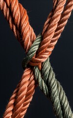 Tangled orange and gray ropes knot together against a dark background, showcasing texture and complexity.