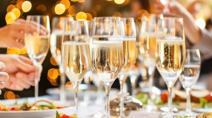 Fototapeta premium Sparkling Champagne Flutes Ready for a Festive Toast at a Celebration, Surrounded by Warm Bokeh Lights and Hints of a Delicious Meal