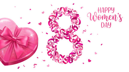8 march womens day pink heart and number eight formed of flowers with happy womens day text in the upper right corner no background