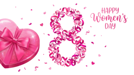 8 march womens day pink heart and number eight formed of flowers with happy womens day text in the upper right corner no background