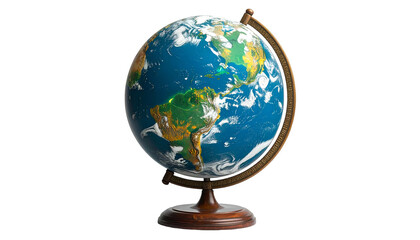 A 3D rendered, detailed depiction of Earth as a globe, mounted on a wooden stand. The continents and oceans are clearly visible