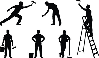 Painter worker silhouette icon set showing professional house painting activities with rollers, ladders, buckets and maintenance tasks © MstNilufar