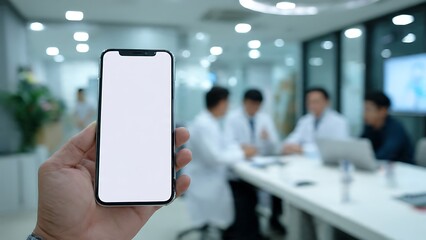 Hand holding a smartphone with blank screen in a modern medical office.