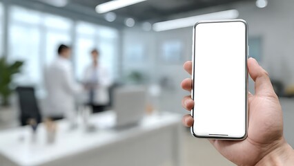 Hand holding a smartphone with blank screen in a modern office.