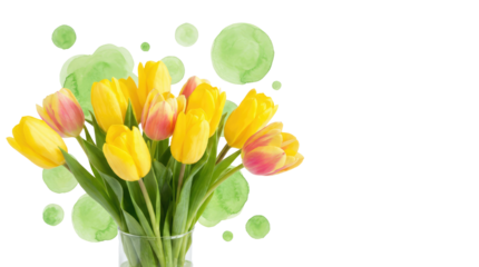 8 march womens day bouquet of yellow and pink tulips with green circular shapes above the flowers against a white space no background
