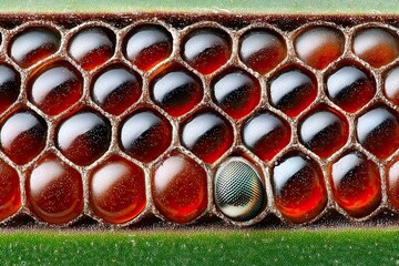 Insect eggs in hexagonal cells with one hatching