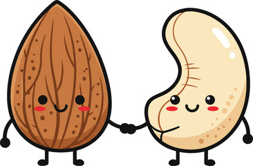 Cute Kawaii Almond and Cashew Nut Cartoon Characters Holding Hands Vector Illustration for Healthy Food Snacks and Nut Lovers
