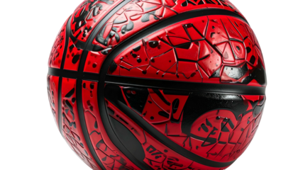 A close-up shot of a unique, vibrant basketball. It features a striking red and black color scheme with intricate geometric patterns. The texture is rough