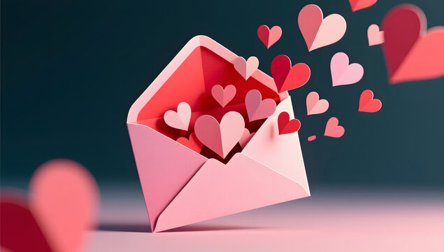 Hearts flying out of an envelope for Valentine