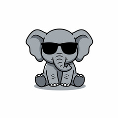 Cute cartoon baby elephant wearing sunglasses sitting down.