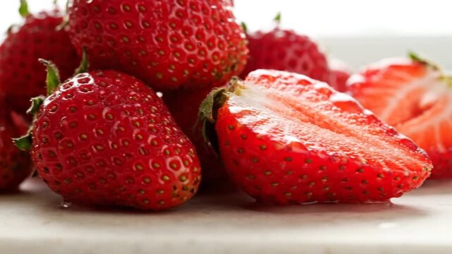 A close-up shot of ripe, juicy strawberries, some whole and one sliced in half, showcasing their vibrant red color and texture