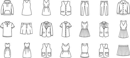 Clothing and apparel line icon set featuring dresses jackets shirts pants and fashion accessories isolated on white background vector