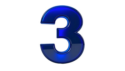 A glossy, three-dimensional number "3" rendered in a vibrant, gradient blue hue against a solid black background