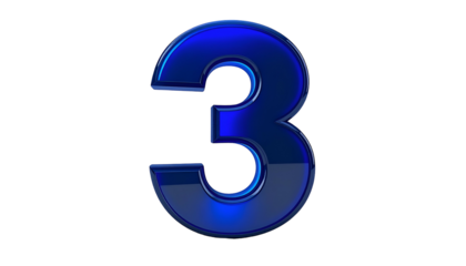 A glossy, three-dimensional number "3" rendered in a vibrant, gradient blue hue against a solid black background