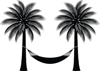 Tropical palm trees silhouette vector with relaxing hammock hanging between trunks isolated on white background for summer vacation design