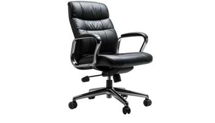 A luxurious black leather office chair sits on a black background, showcasing its sleek design, cushioned seat and chrome accents