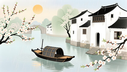 Obraz premium Healing illustration of apricot blossoms in Jiangnan water town