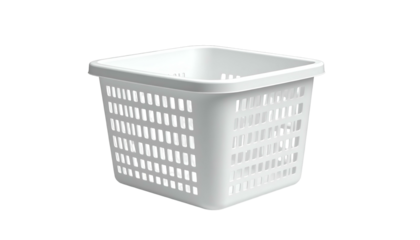 A square-shaped, white plastic basket with rectangular cutouts on its sides and a flat, raised rim. It is isolated on a dark background