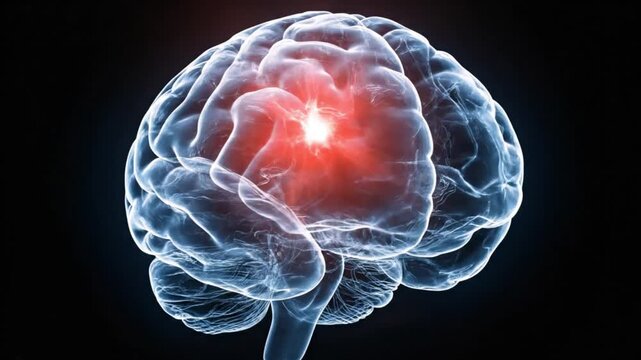 Blue brain illustration with glowing red focal point, detailed texture against a dark background.!!!