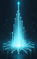 Futuristic glowing arrows ascend from digital platform, symbolizing innovation and upward progress.