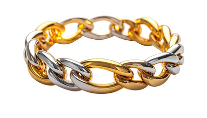 Obraz premium A two-toned ring, featuring interwoven links of polished gold and silver, displayed against a black background