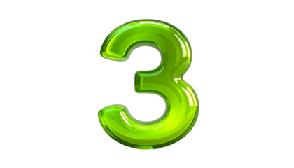 A vibrant, glossy, emerald green numeral "3" with a three-dimensional effect, rendered against a stark black background