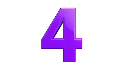 A vibrant, glossy, three-dimensional representation of the number "4," colored a gradient of purple and violet, set against a stark black backdrop