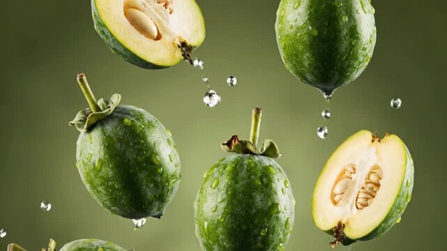 Fresh feijoas suspended mid-air with water droplets, highlighting their vibrant green and juicy interior