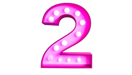 A vibrant, illuminated number "2" in a rich pink hue, outlined with dark pink, and containing small, white, spherical lights