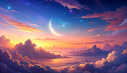 A serene celestial landscape with a crescent moon shining brightly among vibrant clouds at dusk from a high aerial viewpoint