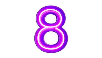 A vibrant, neon number eight illuminated against a stark, black background. It emanates a glowing, purple and white energy