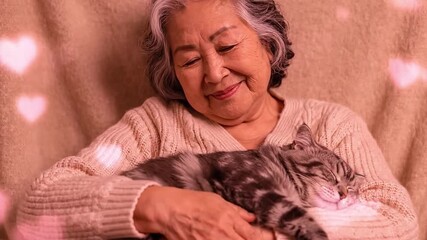 A heartwarming valentine moment Senior woman gently cuddles her beloved feline companion with a peaceful smile