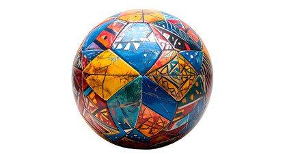 A vibrant, multi-colored soccer ball featuring intricate geometric patterns and designs, set against a stark black background